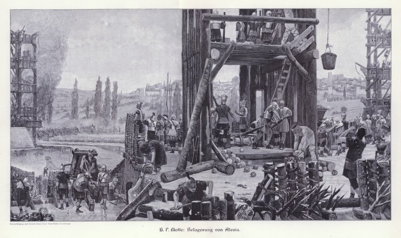 Alesian piiritys, Gallia, 52 eKr., Kuvitus modernista taiteesta mestaripuupiirroksilla (Richard Bong, Berliini, n. 1904 (kaiverrus) tekijältä Henri Paul (after) Motte