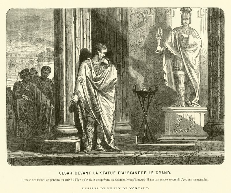 Julius Caesar Aleksanteri Suuren patsaan edessä Espanjassa, valittaen hänen saavutustensa laajuutta verrattuna siihen, että Aleksanteri oli saavuttanut saman iän kuolemansa kanssa, n. 67 eKr. (kaiverrus) tekijältä Henri de (after) Montaut