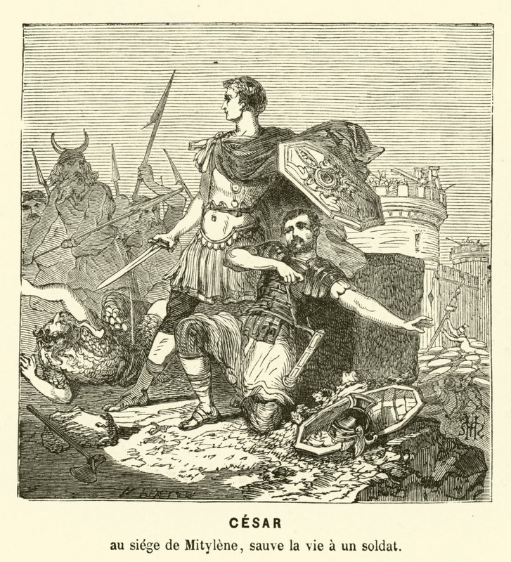Julius Caesar pelasti sotilaan hengen Mytilenen piirityksessä, Lesbos, Kreikka, 81 eKr. (kaiverrus) tekijältä Henri de (after) Montaut