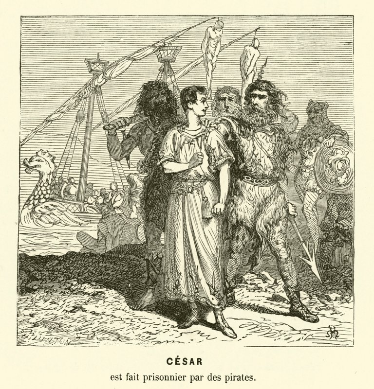 Julius Caesar joutui kilikialaisten merirosvojen vangiksi ylittäessään Egeanmeren, n. 75 eKr. (kaiverrus) tekijältä Henri de (after) Montaut