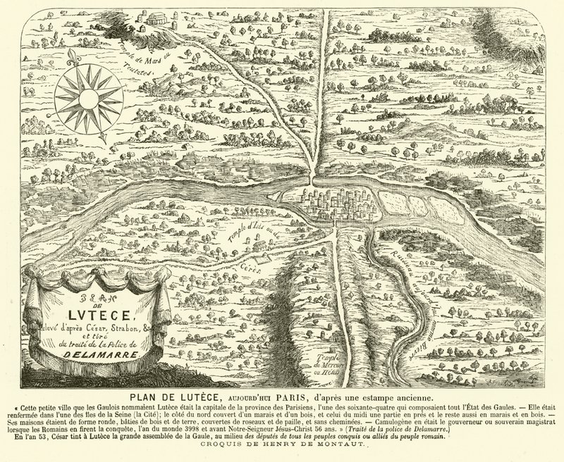 Roomalaisen Lutetian kaupungin suunnitelma, nykyaikaisen Pariisin paikka (kaiverrus) tekijältä Henri de (after) Montaut