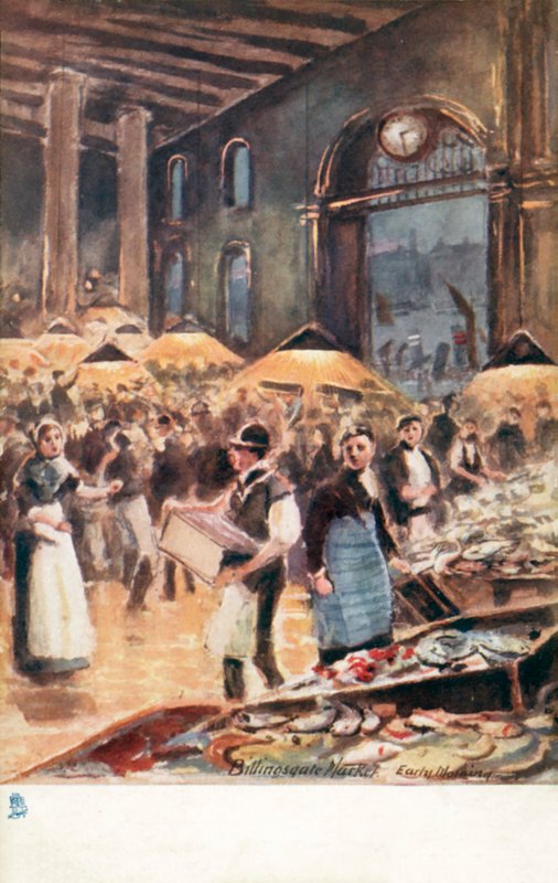 Vanha Lontoo: Billingsgate Market, varhain aamulla (värilitografia). tekijältä Henrie Pitcher