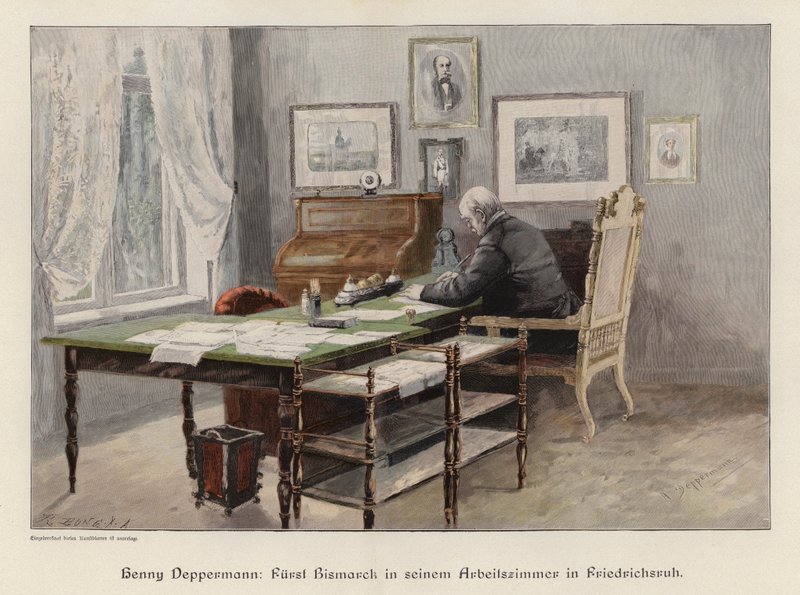 Otto von Bismarck työhuoneessaan Friedrichsruhissa, Saksassa (värillinen kaiverrus) tekijältä Henriette Deppermann
