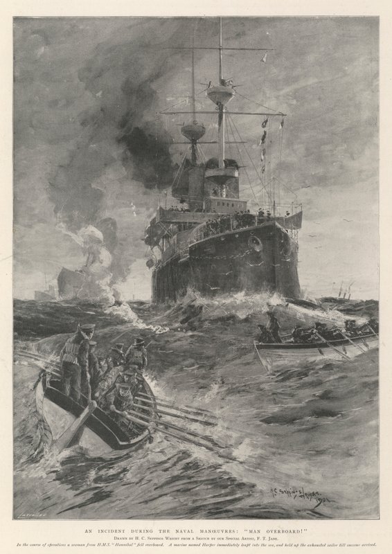 Välikohtaus merivoimien aikana, mies yli laidan! tekijältä Henry Charles Seppings Wright