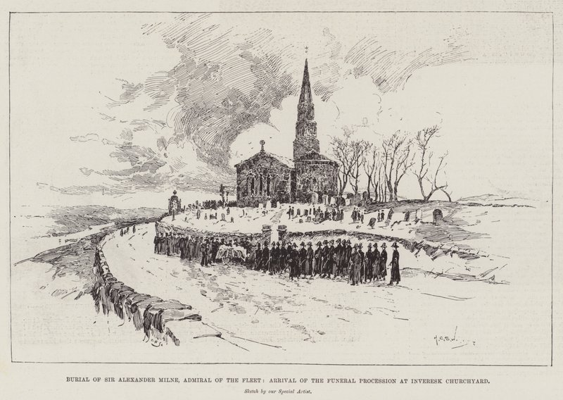 Sir Alexander Milnen, laivaston amiraalin hautaaminen, hautajaiskulkueen saapuminen Invereskin kirkkopihalle tekijältä Henry Charles Seppings Wright