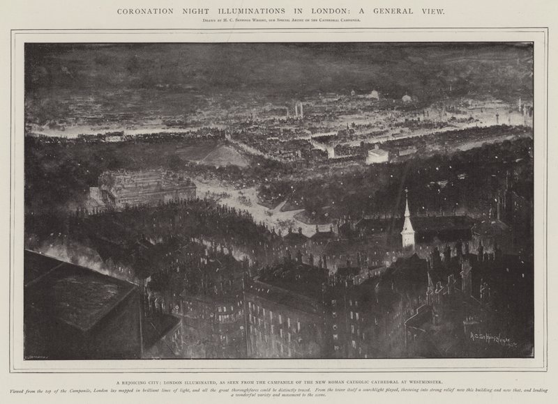 Coronation Night Illuminations Lontoossa, yleinen näkymä, iloinen kaupunki, Lontoo valaistu, nähtynä Westminsterin uuden roomalaiskatolisen katedraalin Campanilesta tekijältä Henry Charles Seppings Wright