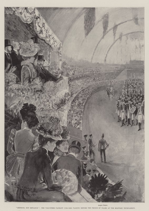 Puolustus, ei Defiance, vapaaehtoiskilpailu (1798-1900), joka ohitti Walesin prinssin sotilasturnauksessa tekijältä Henry Charles Seppings Wright