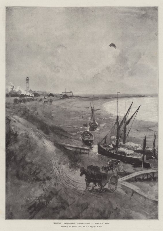 Sotilaallinen ilmapallolento, kokeet Shoeburynessissa tekijältä Henry Charles Seppings Wright