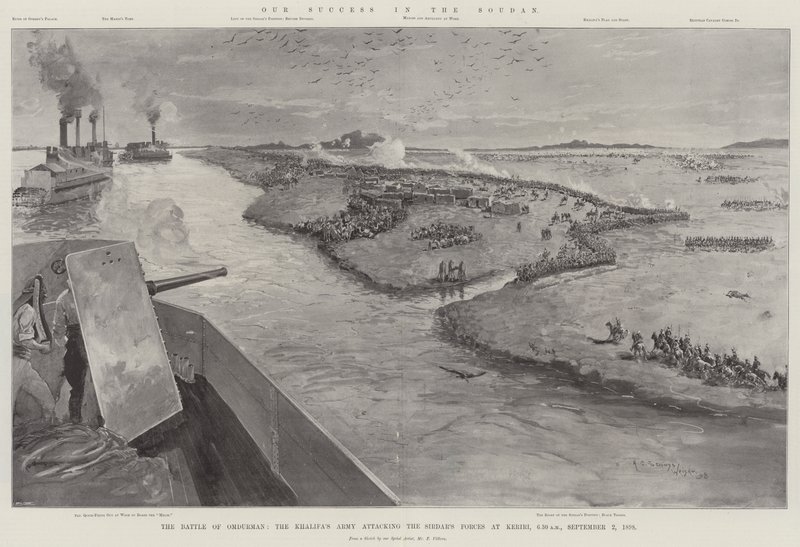 Menestyksemme Soudanissa, Omdurmanin taistelu, khalifan armeija hyökkää sirdarin joukkoja vastaan Keririssä, kello 6.30, 2. syyskuuta 1898. tekijältä Henry Charles Seppings Wright