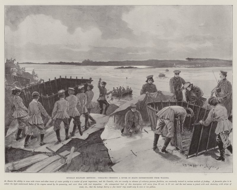 Venäläiset sotilasmenetelmät, kasakat ylittävät joen vaunuista rakennetuilla veneillä. tekijältä Henry Charles Seppings Wright