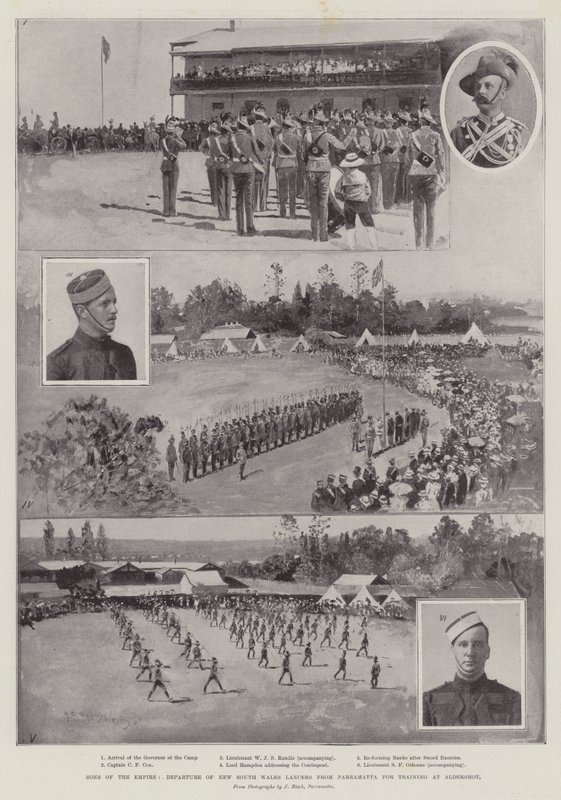 Sons of the Empire, New South Wales Lancersin lähtö Parramattasta harjoitteluun Aldershotiin tekijältä Henry Charles Seppings Wright