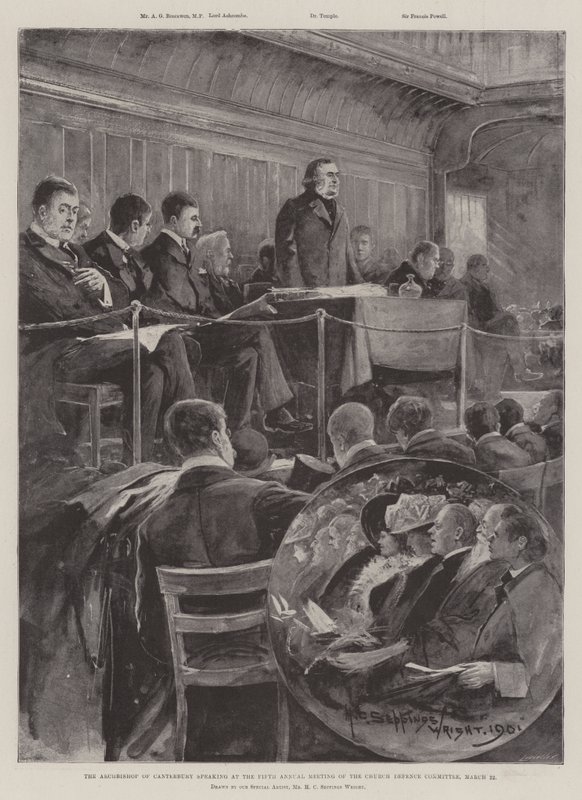 Canterburyn arkkipiispa puhuu kirkon puolustuskomitean viidennessä vuosikokouksessa 22. maaliskuuta tekijältä Henry Charles Seppings Wright