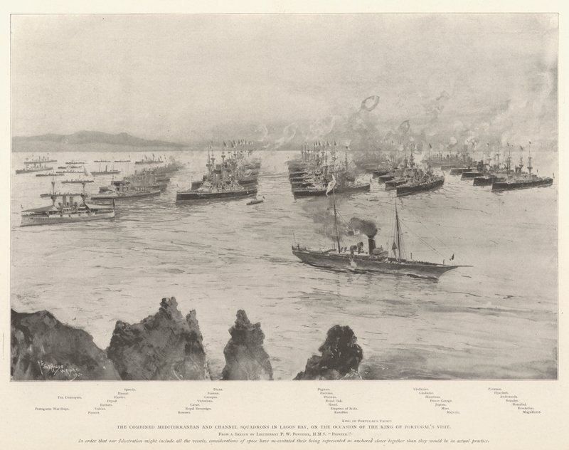 Yhdistetyt Välimeren ja kanaalin laivueet Lagosin lahdella Portugalin kuninkaan vierailun yhteydessä. tekijältä Henry Charles Seppings Wright