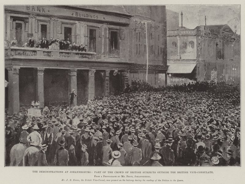 Mielenosoitukset Johannesburgissa, osa brittiläisten joukosta Britannian varakonsulaatin ulkopuolella tekijältä Henry Charles Seppings Wright