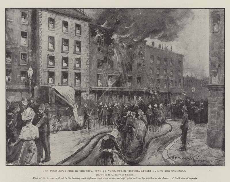 Katastrofaalinen tulipalo kaupungissa, 9. kesäkuuta, nro 67, Queen Victoria Street epidemian aikana tekijältä Henry Charles Seppings Wright