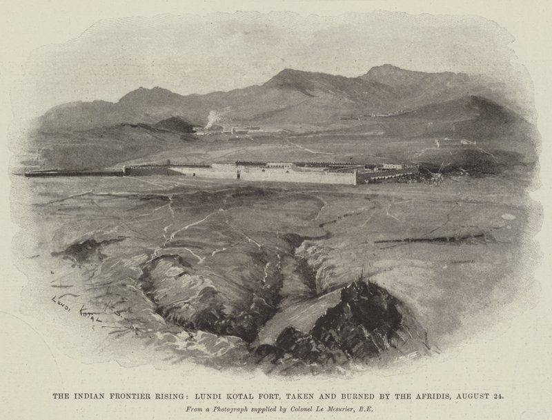 Indian Frontier Rising, Lundi Kotalin linnoitus, Afridisin valloittama ja poltettu 24. elokuuta tekijältä Henry Charles Seppings Wright