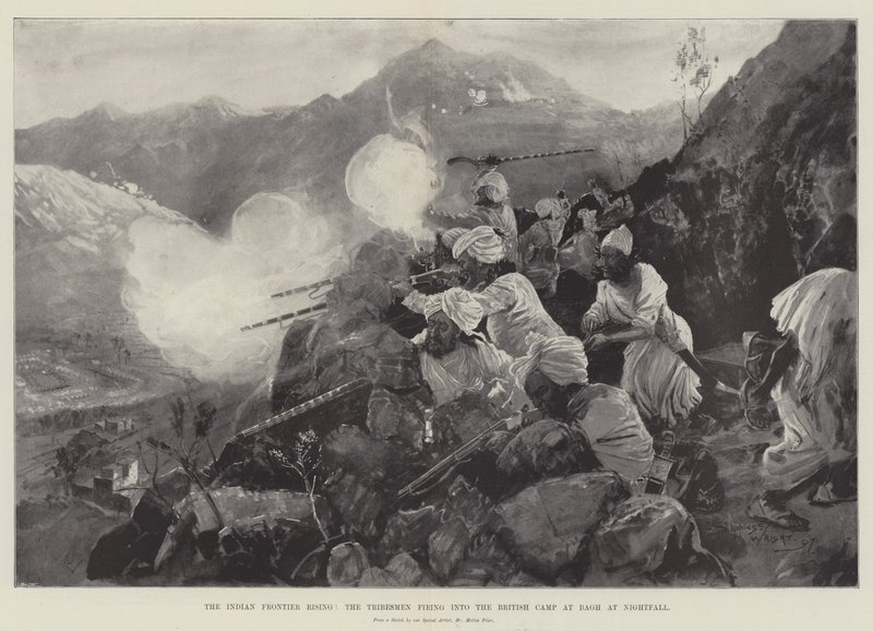 Indian Frontier Rising, heimomiehet ampuvat British Campin Baghissa Nightfallissa tekijältä Henry Charles Seppings Wright