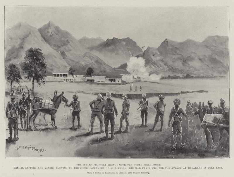 Indian Frontier Rising, Buner Field Force, Bengal Sappers ja Miners räjäyttävät Said Ullahin, hullun fakirin, joka johti hyökkäystä Malakandiin viime heinäkuussa, neuvoston jaoston. tekijältä Henry Charles Seppings Wright