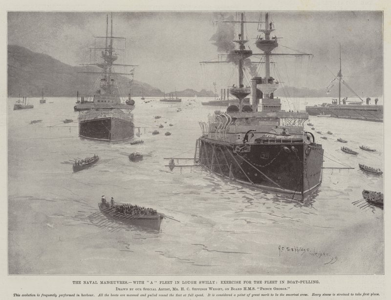 Merivoimien manööverit, laivasto Lough Swillyssä, laivaston harjoitus veneiden vetämisessä tekijältä Henry Charles Seppings Wright