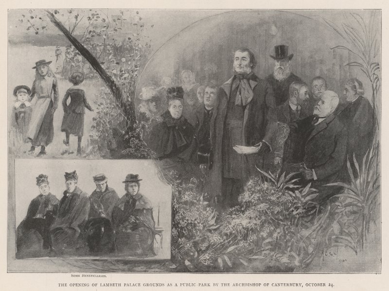 Canterburyn arkkipiispa avasi Lambeth Palace Groundsin julkiseksi puistoksi 24. lokakuuta tekijältä Henry Charles Seppings Wright