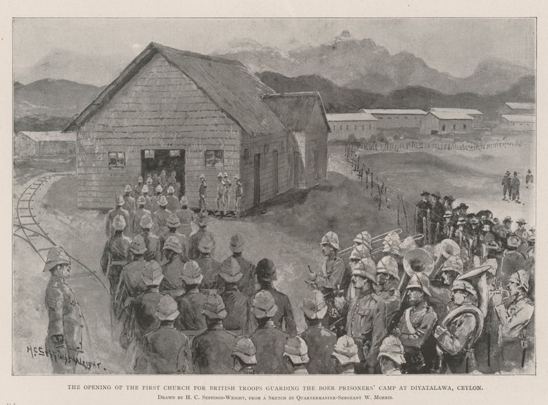 Ensimmäisen kirkon avaaminen brittijoukoille, jotka vartioivat buurien vankileiriä Diyatalawassa Ceylonissa tekijältä Henry Charles Seppings Wright