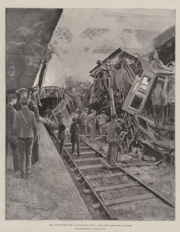 Rautatiekatastrofi Sloughissa 16. kesäkuuta, kohtauspaikka törmäyksen jälkeen tekijältä Henry Charles Seppings Wright