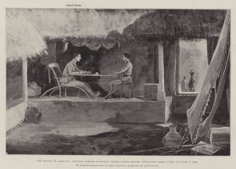 The Rising in Ashanti, eversti Carter sanelee ohjeita ennen etenemistä Fumsusta 1. kesäkuuta 1900 tekijältä Henry Charles Seppings Wright