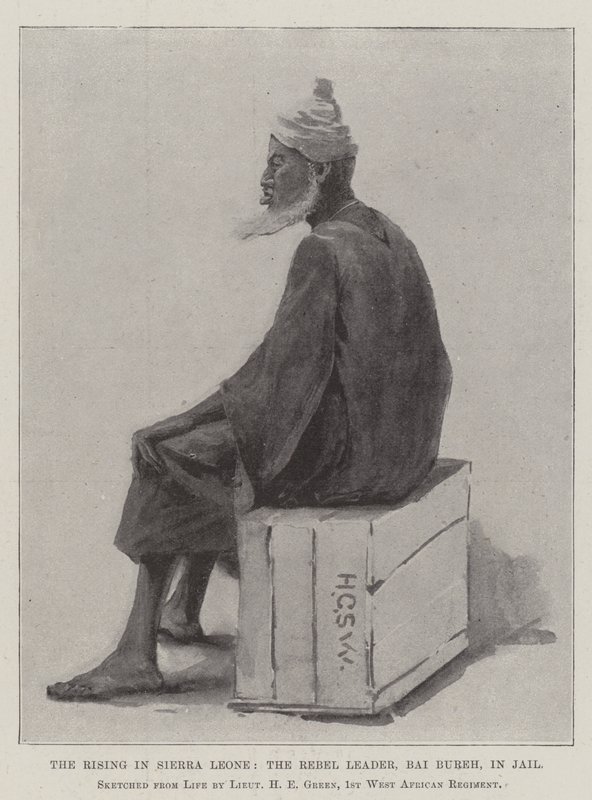 Rising Sierra Leonessa, kapinallisten johtaja Bai Bureh vankilassa tekijältä Henry Charles Seppings Wright