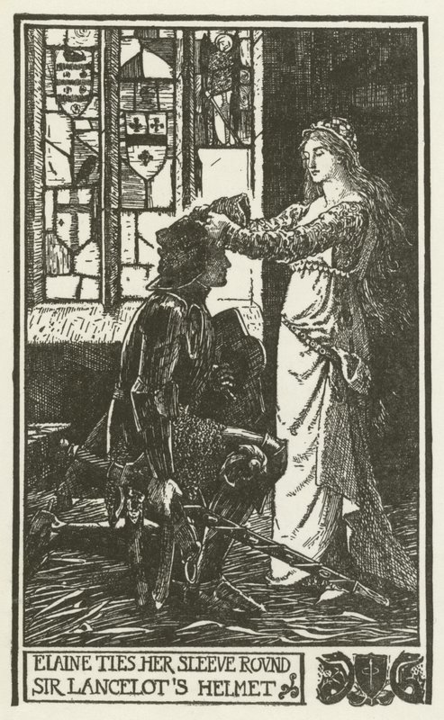 Elaine sitoo hihansa Sir Lancelotin kypärän ympärille - tekijältä Henry Justice Ford