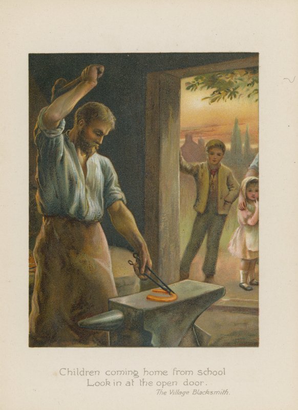 Koulusta kotiin tulevat lapset katsovat sisään avoimesta ovesta (chromolitho) tekijältä Henry Marriott Paget