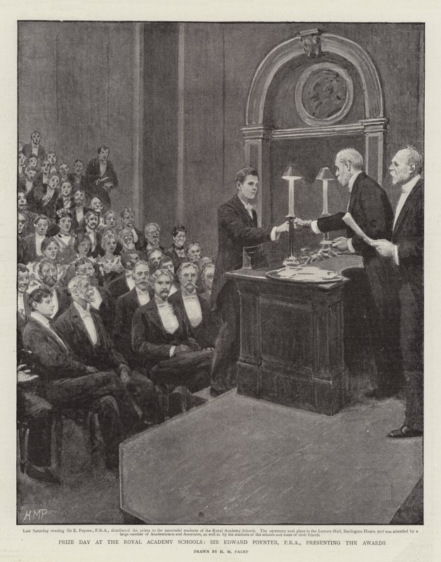 Palkintopäivä Royal Academy Schoolsissa, Sir Edward Poynter, PRA, jakamassa palkinnot tekijältä Henry Marriott Paget