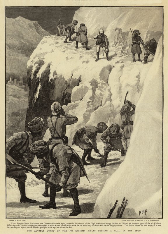 Neljännen Kashmir-kiväärin etuvartija leikkaa tietä lumessa tekijältä Henry Marriott Paget