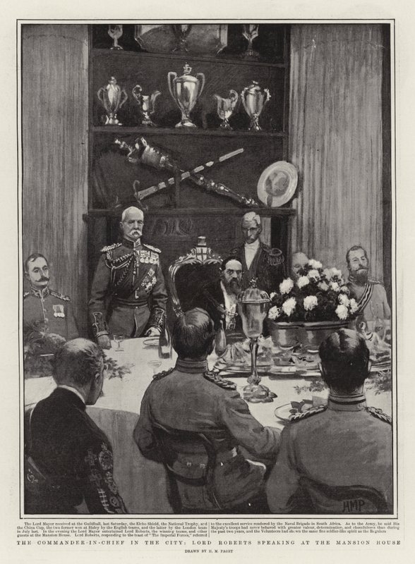 Kaupungin ylipäällikkö, Lord Roberts puhumassa Mansion Housessa tekijältä Henry Marriott Paget