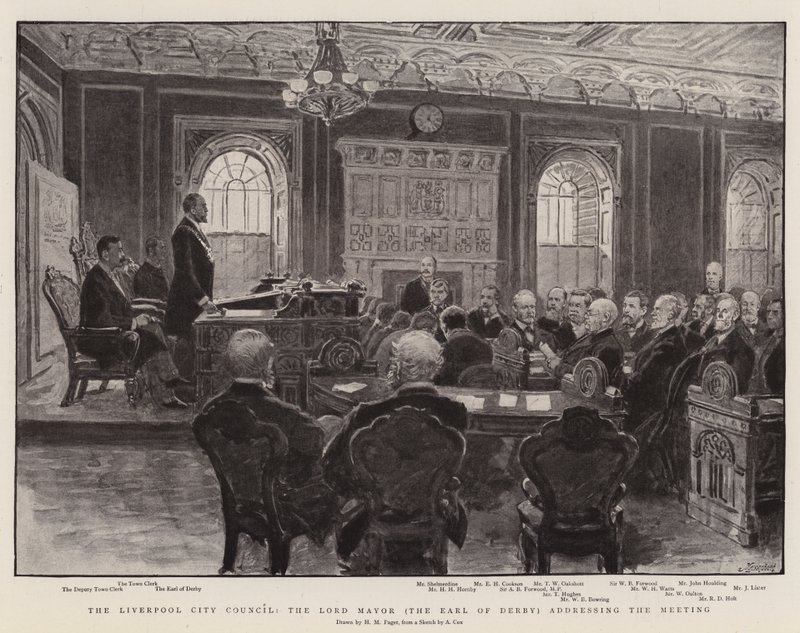 Liverpoolin kaupunginvaltuusto, Lord Mayor (Derbyn jaarli) puhuvat kokouksessa tekijältä Henry Marriott Paget