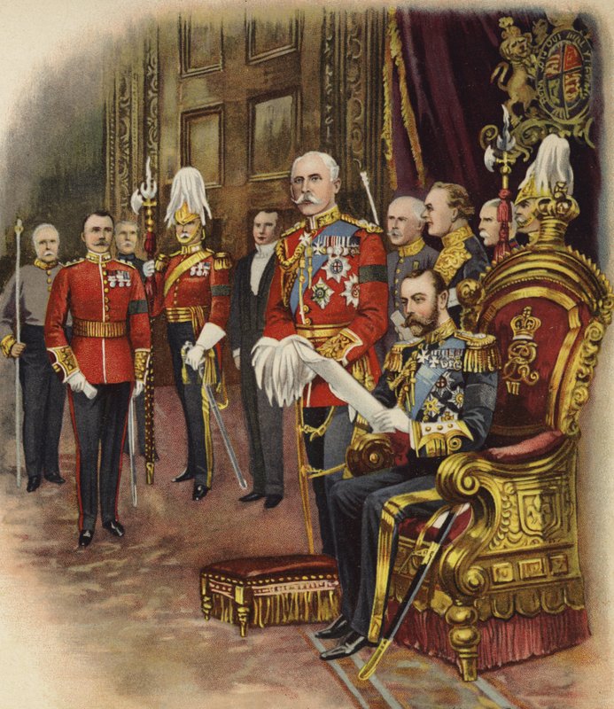 Kuningas Yrjö V pitää ensimmäisen hovinsa toukokuussa 1910 (chromolitho) tekijältä Henry Payne