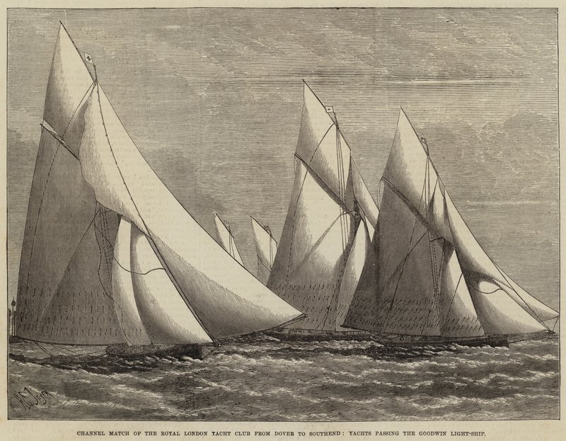 Royal London Yacht Clubin kanavaottelu Doverista Southendiin, jahdit ohittavat Goodwin Light-Shipin tekijältä Henry Spernon Tozer