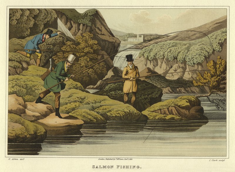 Lohen kalastus (chromolitho) tekijältä Henry Thomas Alken