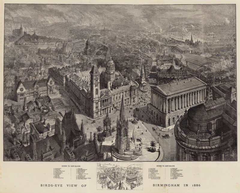 Birminghamin lintuperspektiivi vuonna 1886 tekijältä Henry William Brewer