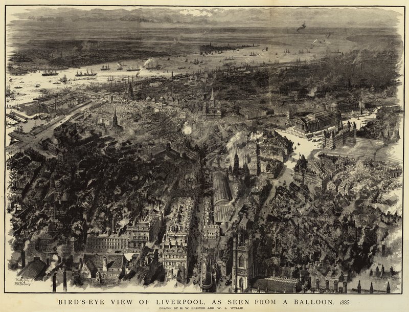 Liverpoolin lintuperspektiivikuva ilmapallosta nähtynä, 1885 tekijältä Henry William Brewer