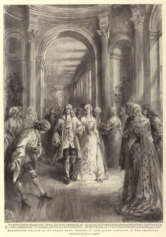 Kensingtonin palatsi Palmy Daysissä, George II ja kuningatar Caroline oranssissa tekijältä Henry William Brewer