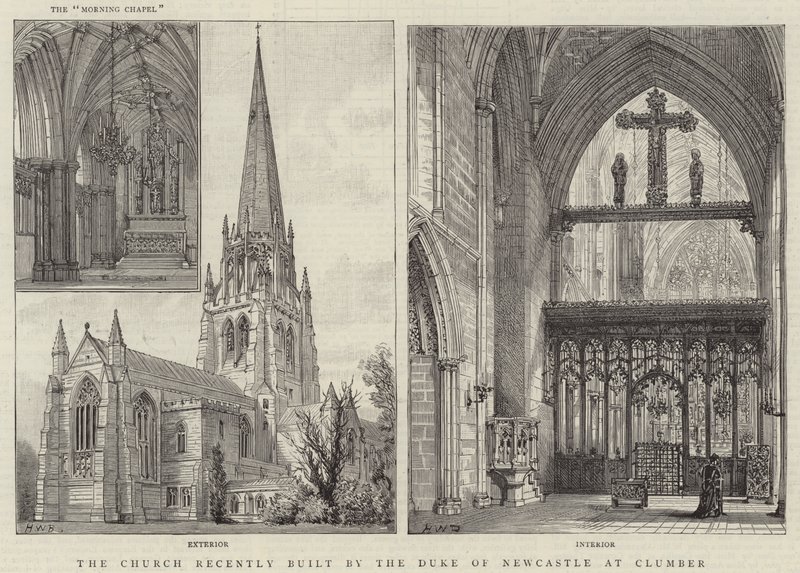 Newcastlen herttua äskettäin rakentama kirkko Clumberissa tekijältä Henry William Brewer
