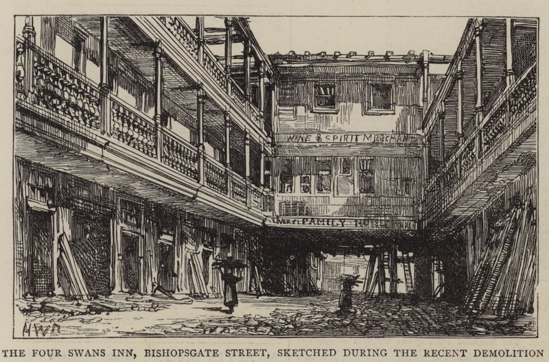 The Four Swans Inn, Bishopsgate Street, luonnosteltu viimeaikaisen purkutyön aikana tekijältä Henry William Brewer