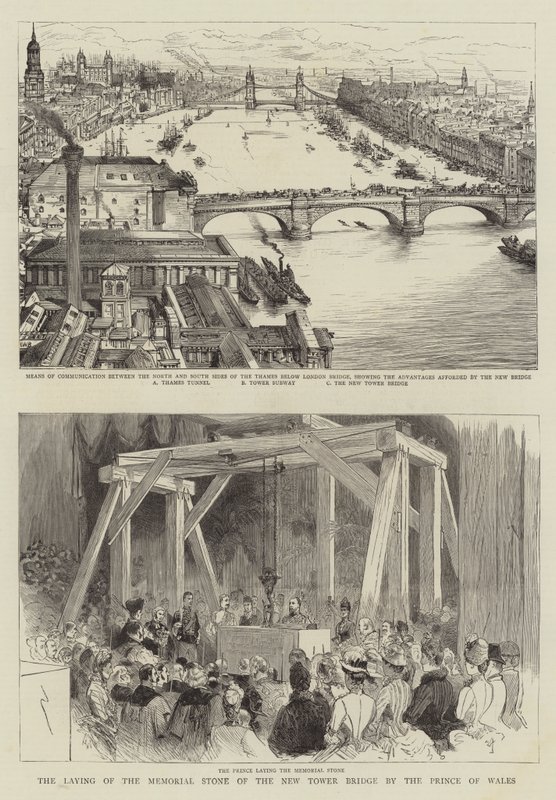 Walesin prinssin uuden Tower Bridgen muistokiven laskeminen tekijältä Henry William Brewer
