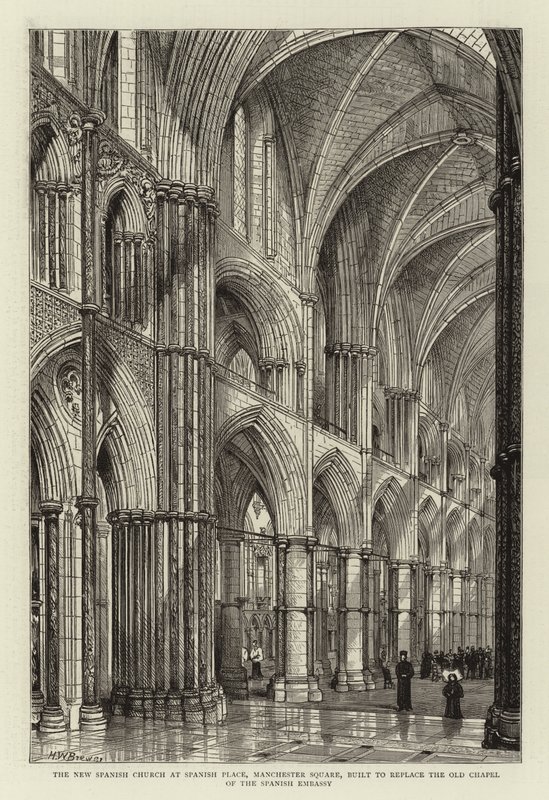 Uusi espanjalainen kirkko Spanish Placessa, Manchester Square, joka rakennettiin korvaamaan Espanjan suurlähetystön vanha kappeli tekijältä Henry William Brewer