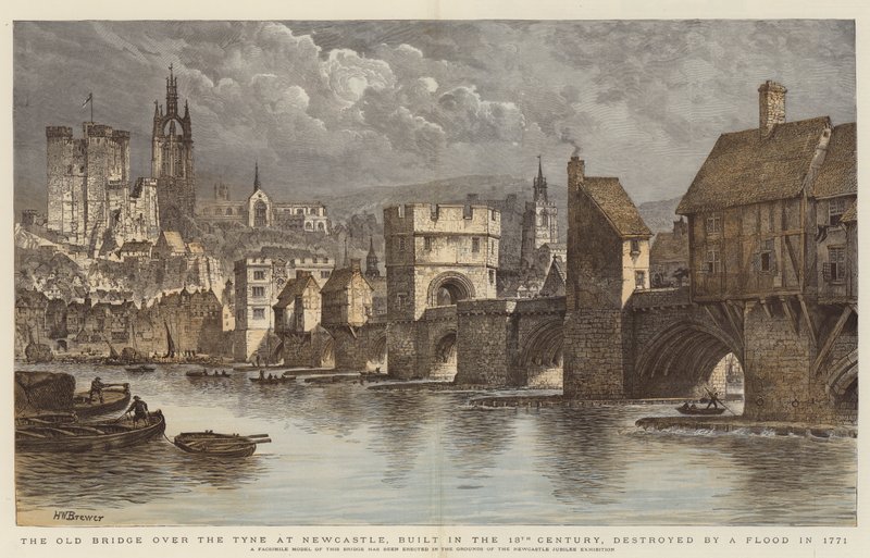 Vanha silta Tynen yli Newcastlessa, rakennettu 1200-luvulla, tuhoutui tulvassa vuonna 1771 (värikaiverrus) tekijältä Henry William Brewer