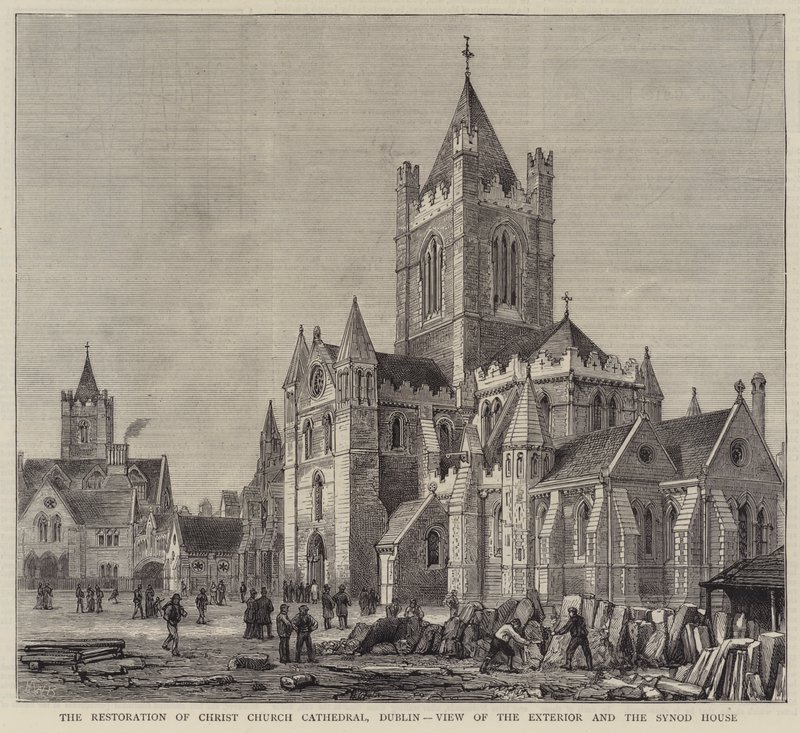 Kristuksen palautuskirkon katedraali, Dublin, näkymä ulkoa ja synodin talo tekijältä Henry William Brewer
