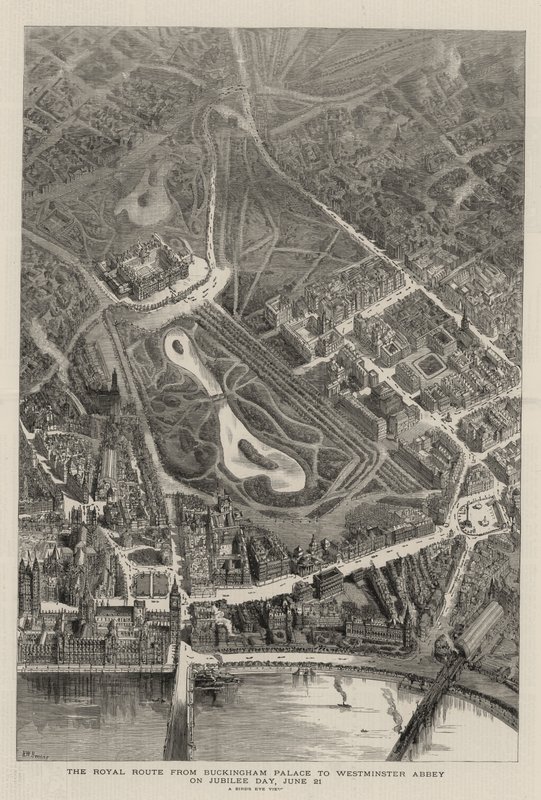 Kuninkaallinen reitti Buckinghamin palatsista Westminster Abbeyyn juhlapäivänä 21. kesäkuuta tekijältä Henry William Brewer