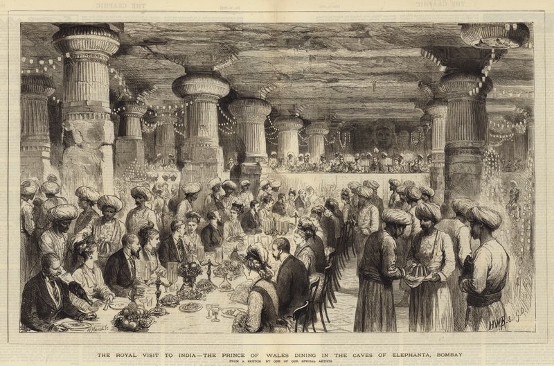 Kuninkaallinen vierailu Intiaan, Walesin prinssi ruokailu Elephantan luolissa Bombayssa tekijältä Henry William Brewer