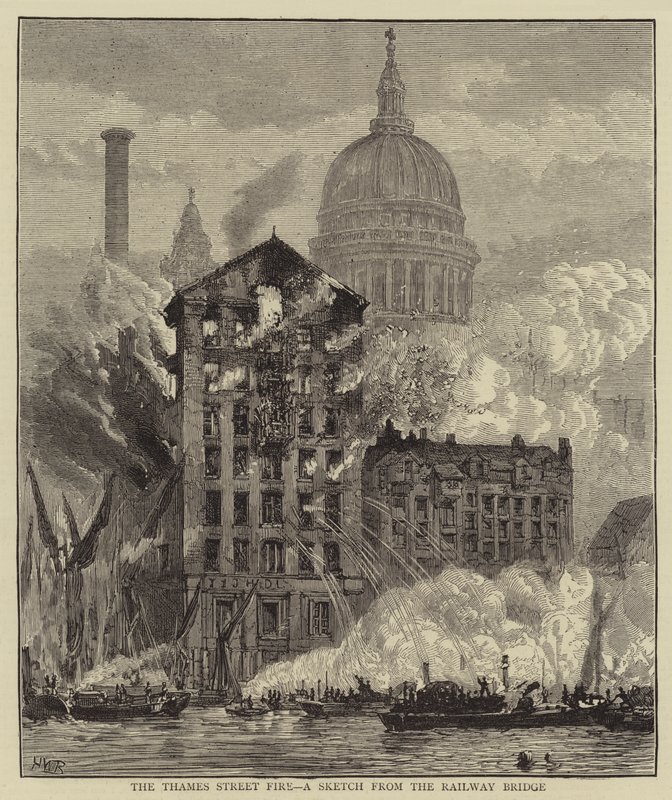 Thames Street Fire, luonnos rautatiesillalta tekijältä Henry William Brewer