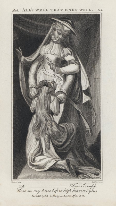 Kuvitus Shakespearen teoksesta Kaikki hyvin, mikä päättyy hyvin (kaiverrus) tekijältä Henry  Fuseli
